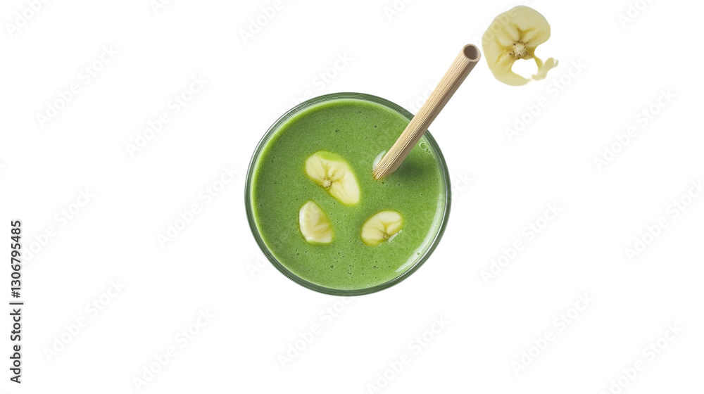 Fresh green smoothie in a glass with a bamboo straw, kale and banana ingredients around, top-down view, professional food styling, white background Fresh green smoothie in a glass with a bamboo straw, kale and banana ingredients around, top-down view, professional food styling, white background