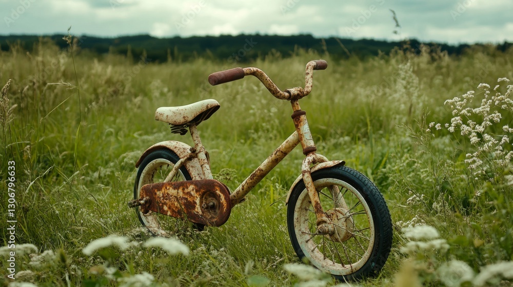 Rusty bicycle abandoned in a lush green field under a cloudy sky, evoking nostalgia and nature's reclaim Rusty bicycle abandoned in a lush green field under a cloudy sky, evoking nostalgia and nature's reclaim