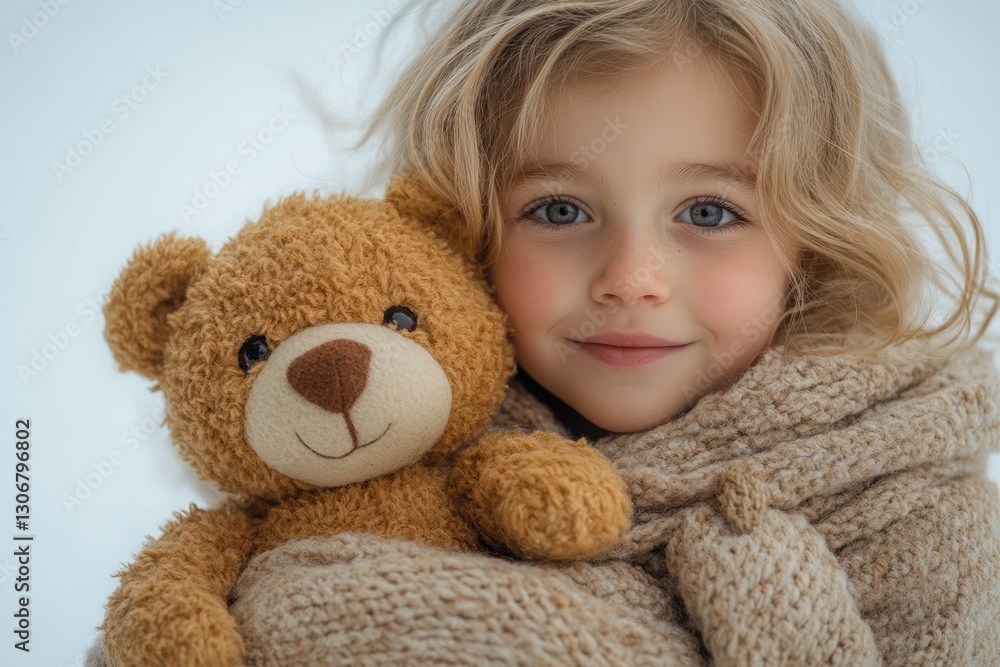 A cheerful child cuddling a teddy bear in a cozy knitted blanket, showcasing warmth and innocence. Perfect for capturing joyful moments in childhood. A cheerful child cuddling a teddy bear in a cozy knitted blanket, showcasing warmth and innocence. Perfect for capturing joyful moments in childhood.