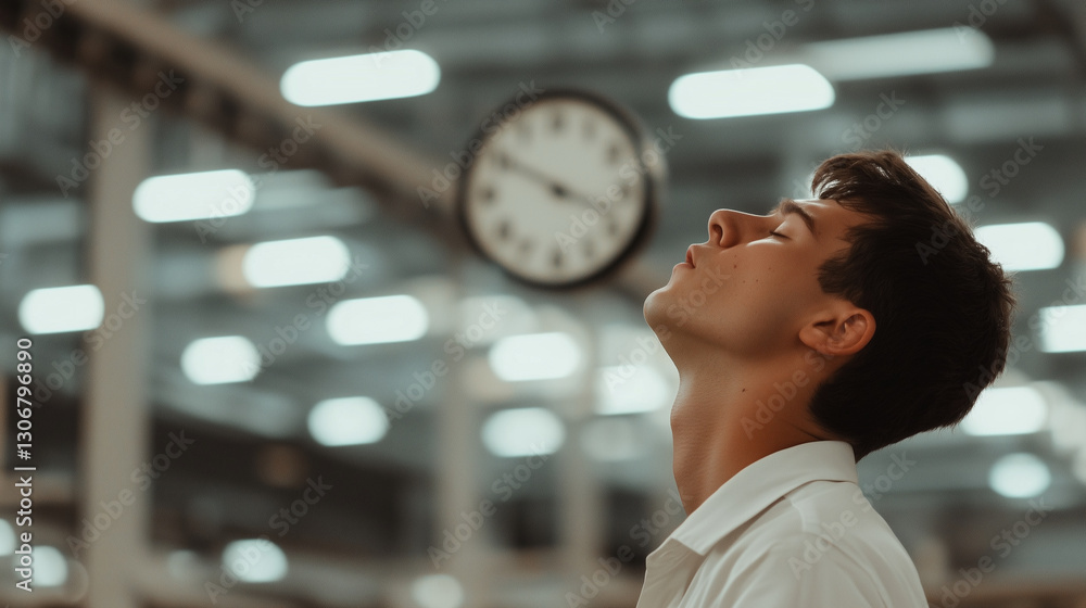Factory Worker Yawning Near Assembly Line at Midnight Factory Worker Yawning Near Assembly Line at Midnight