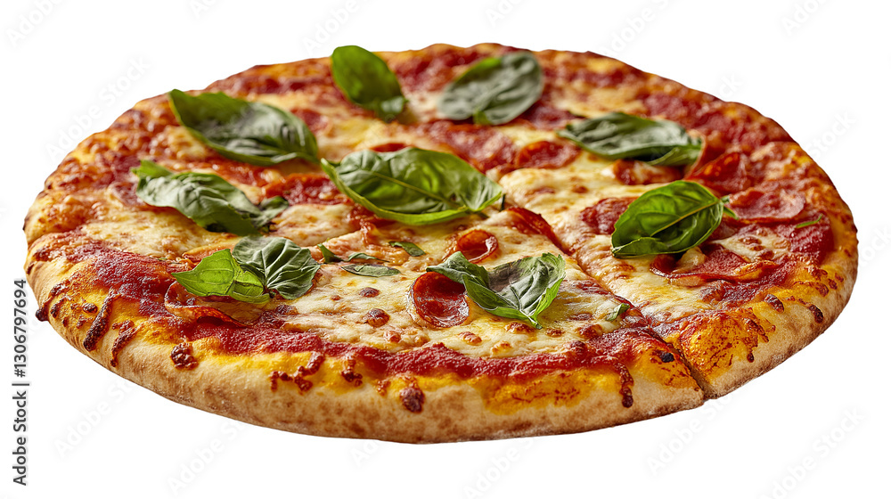 Authentic Neapolitan pizza with melted mozzarella and fresh basil, slightly charred crust, studio shot, high-resolution, white background Authentic Neapolitan pizza with melted mozzarella and fresh basil, slightly charred crust, studio shot, high-resolution, white background