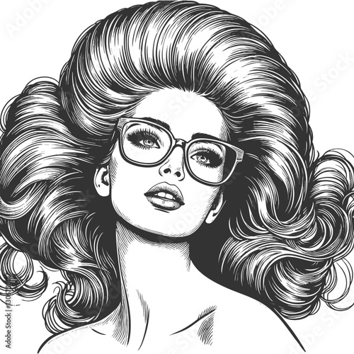 woman with large glasses and voluminous wavy hair, gazing thoughtfully sketch engraving generative ai fictional character vector illustration. Scratch board imitation. Black and white image.