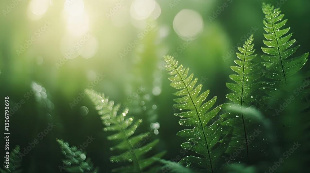A close-up of a fern with delicate fronds unfurling in the early spring, covered in dew. The delicate fern fronds unfurl in the early spring, covered in dew, creating a fresh and peaceful springtime