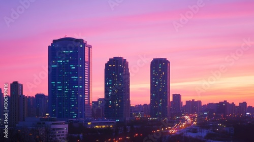 Wallpaper Mural Urban skyline at sunset with vibrant pink and purple hues illuminating tall buildings Torontodigital.ca