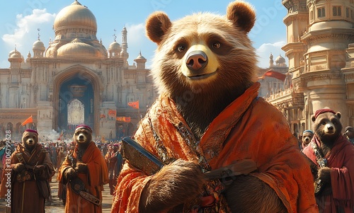  Smiling Bear in Orange Robe Before a Grand Palace