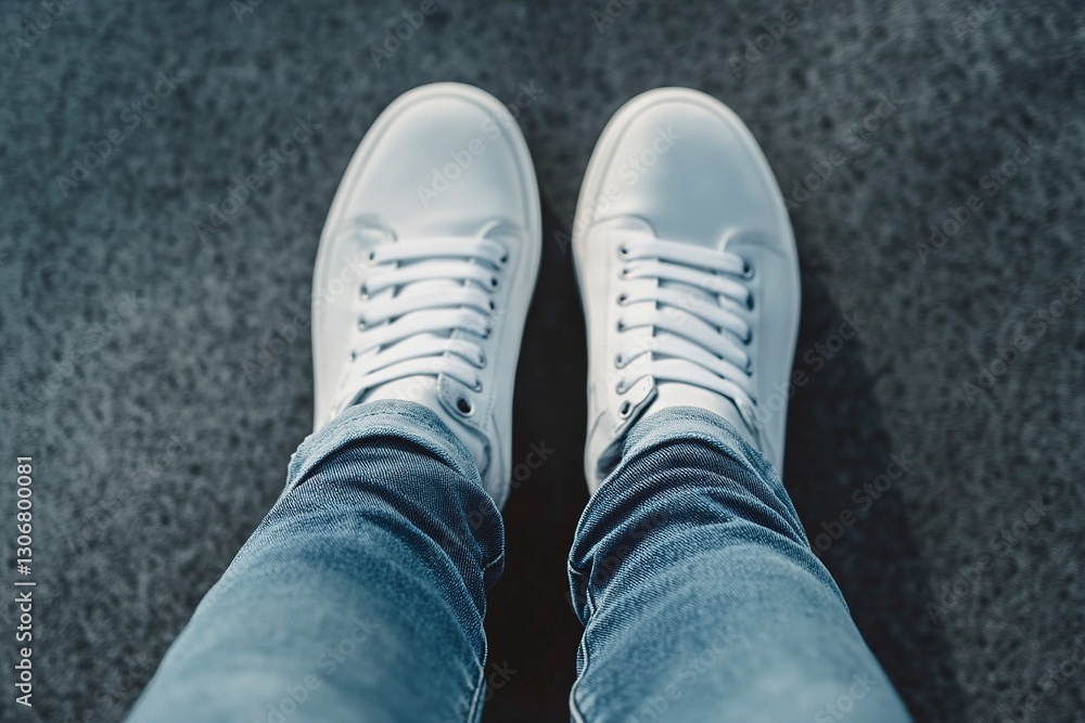 White sneakers with blue jeans, low-angle shot of legs in white shoes on a gray background. Close-up view of male feet wearing stylish sportswear, isolated on a gray background, a flat lay mockup, White sneakers with blue jeans, low-angle shot of legs in white shoes on a gray background. Close-up view of male feet wearing stylish sportswear, isolated on a gray background, a flat lay mockup,
