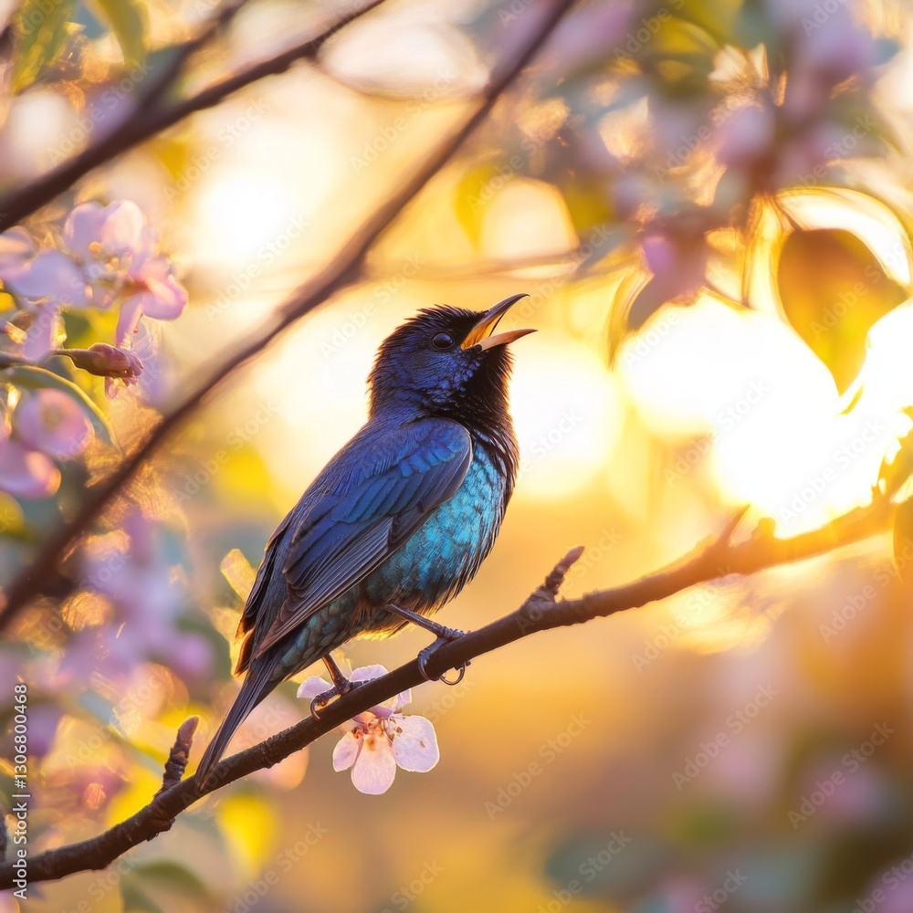 Vibrant bird perched on a branch amidst blooming flowers during a golden sunset Vibrant bird perched on a branch amidst blooming flowers during a golden sunset