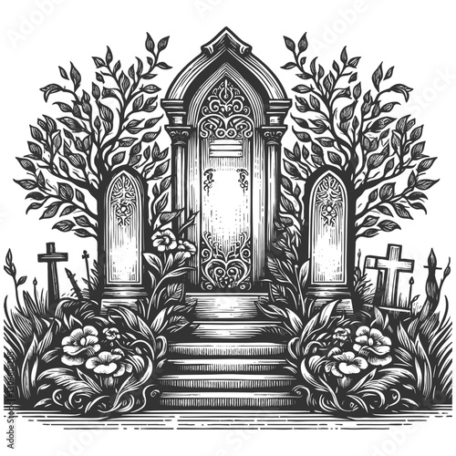 gothic tomb surrounded by detailed gravestones, overgrown plants, and crosses in mysterious cemetery sketch engraving generative ai vector illustration. Scratch board imitation. Black and white image.