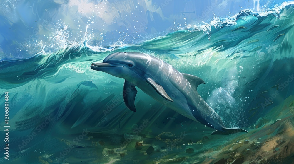 Obraz premium A beautiful dolphin swims gracefully through foamy blue ocean waters