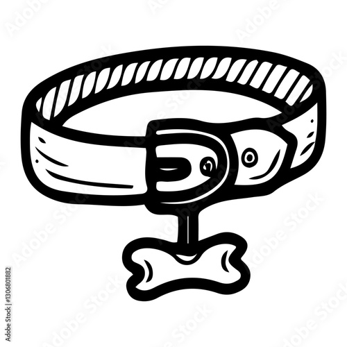 Dog collar. Hand drawn doodle. Walking pet. Bone keychain. Animal accessory. Leather belt. Vector line art illustration.