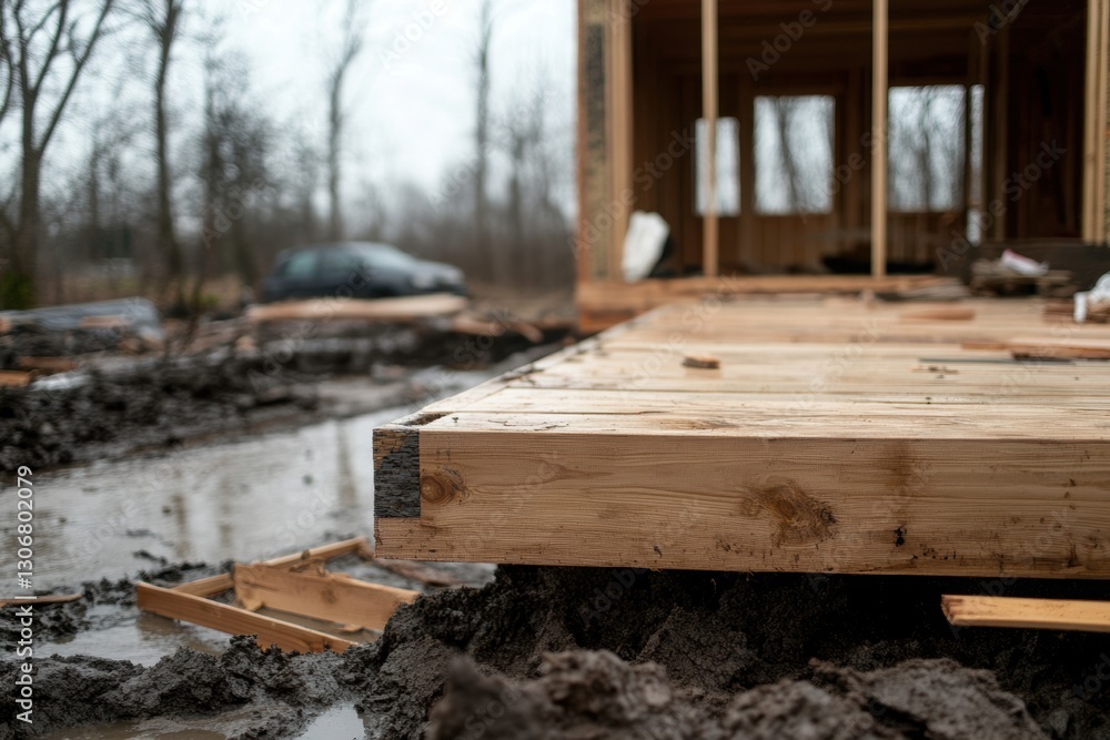 Construction of a new house for victims of a natural disaster. Construction of a new house for victims of a natural disaster.