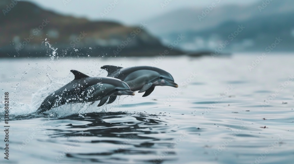 Fototapeta premium Two dolphins jump joyfully from the ocean with water splashing