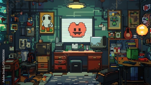 Pixel art of a messy, cluttered room with a computer and a desk.
