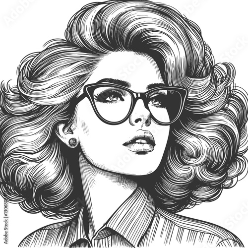 woman with large glasses and voluminous wavy hair, gazing thoughtfully sketch engraving generative ai fictional character vector illustration. Scratch board imitation. Black and white image.