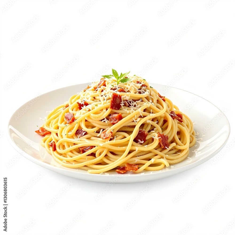 Spaghetti Carbonara: Classic Italian Pasta Dish with Pancetta, Egg Yolk, Parmesan Cheese, and Basil on White Plate, Food Photography Spaghetti Carbonara: Classic Italian Pasta Dish with Pancetta, Egg Yolk, Parmesan Cheese, and Basil on White Plate, Food Photography