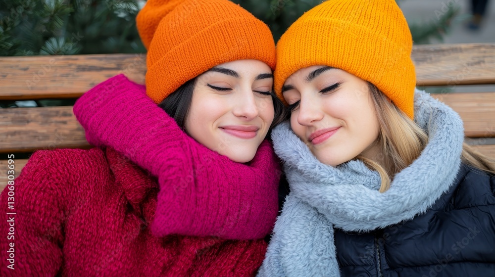 Emotional Connection, Conveys a strong bond, Young Woman Comforting Friend in Cozy Winter Scene Emotional Connection, Conveys a strong bond, Young Woman Comforting Friend in Cozy Winter Scene