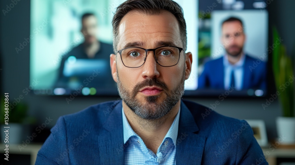 Fototapeta premium Preparedness Training Online Meetings, Security Expert Conducting Virtual Meeting with Professional Attire