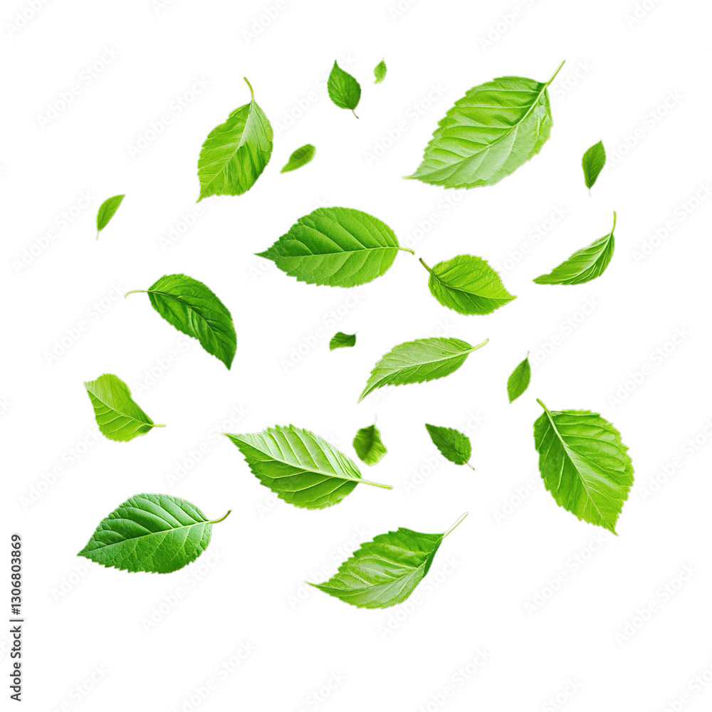 Scattered green leaves of various sizes floating on transparent background cutout, PNG file. Scattered green leaves of various sizes floating on transparent background cutout, PNG file.