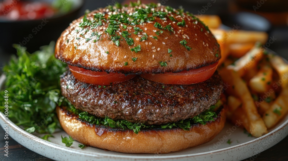 gourmet burger on white plate with salad and fresh garnish gourmet burger on white plate with salad and fresh garnish