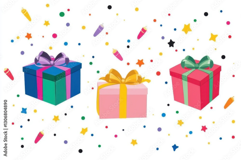 Colorful Gift Boxes with Ribbons and Confetti on White Background Colorful Gift Boxes with Ribbons and Confetti on White Background