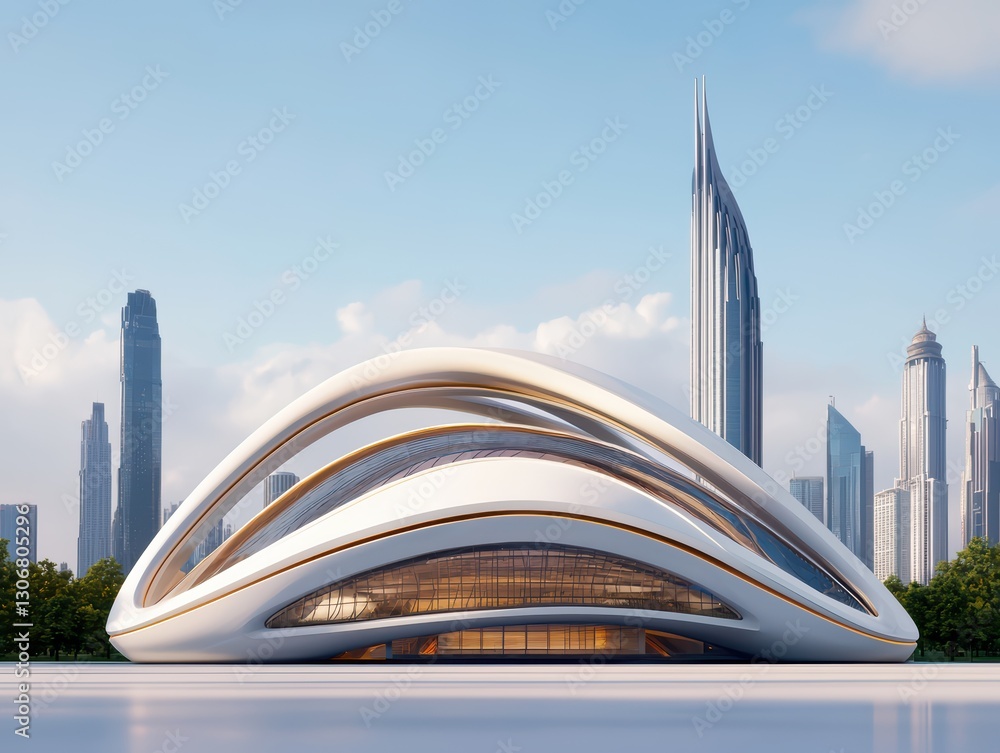 Naklejka premium Advanced Futuristic Multipurpose Stadium Design Against Urban Skyline with Modern Architecture