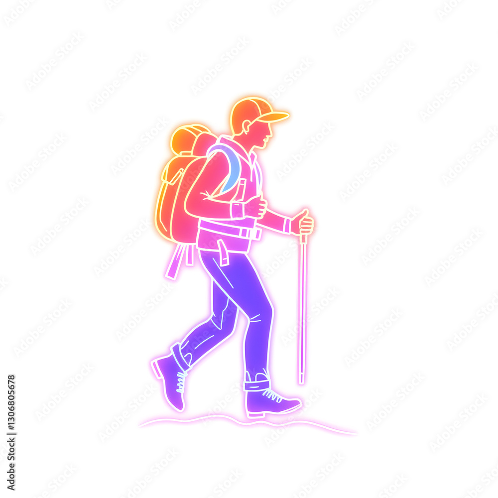 hiker walking with trekking poles holographic 3D icon. neon symbol vector illustration isolated on white background. Generative AI hiker walking with trekking poles holographic 3D icon. neon symbol vector illustration isolated on white background. Generative AI