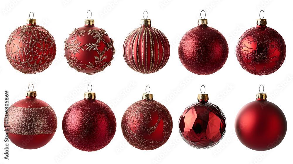 Red Ornaments Sparkle, Hanging Isolated on White Background Red Ornaments Sparkle, Hanging Isolated on White Background