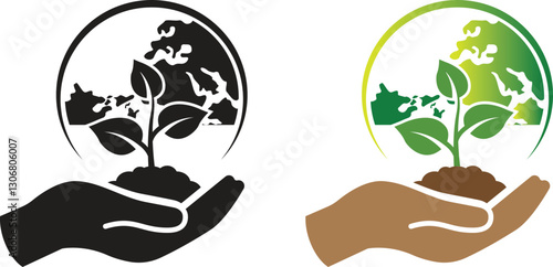 Vector icon of hand with plant seeds for earth. Nature greening logotype symbol with protected art silhouette and color style. Vector illustration