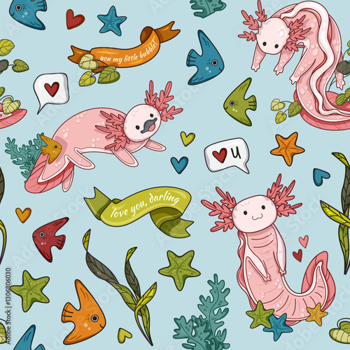 Seamless vector pattern of adorable pink axolotls and sea stars on a blue background, vector illustration