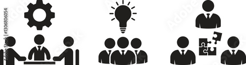 Collection of vector icons of teamwork, solutions, meetings, conferences. Solving problems and finding new innovations in silhouette style. Vector illustration