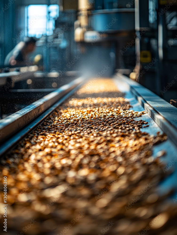 Conveyor belt in factory processing nuts under bright light. Conveyor belt in factory processing nuts under bright light.
