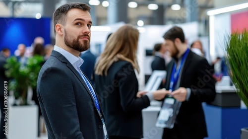 Business professionals networking at a trade show, exhibitors engaging visitors, sleek booths, modern and stylish setup.