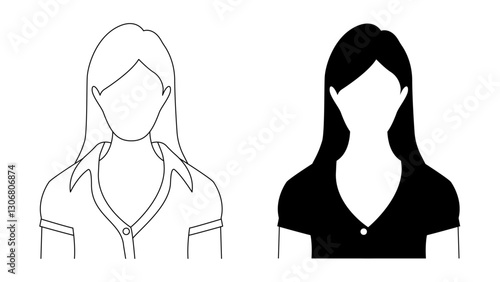 A profile illustration of a woman's silhouette. An outline businesswoman in a blouse profile illustration. A black and white female avatar picture. editable stroke.