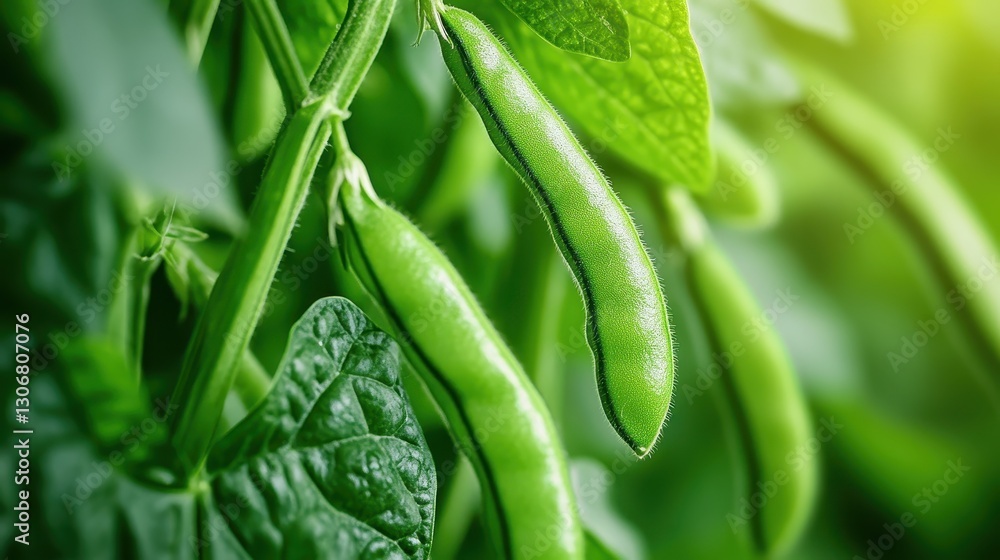 Close-up of green beans growing vertically, soft side light highlighting texture, shallow depth of field isolating the plant. Close-up of green beans growing vertically, soft side light highlighting texture, shallow depth of field isolating the plant.