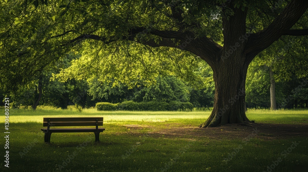 Tranquil park scene with a lone bench under a large tree showcasing vibrant green leaves and a serene atmosphere ideal for relaxation and contemplation Tranquil park scene with a lone bench under a large tree showcasing vibrant green leaves and a serene atmosphere ideal for relaxation and contemplation