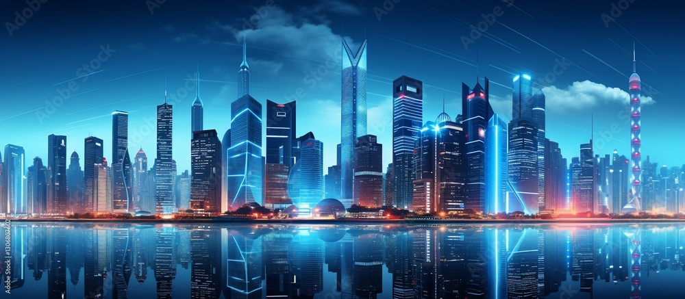 Fototapeta premium Stunning night skyline of a futuristic city with illuminated skyscrapers reflecting on water