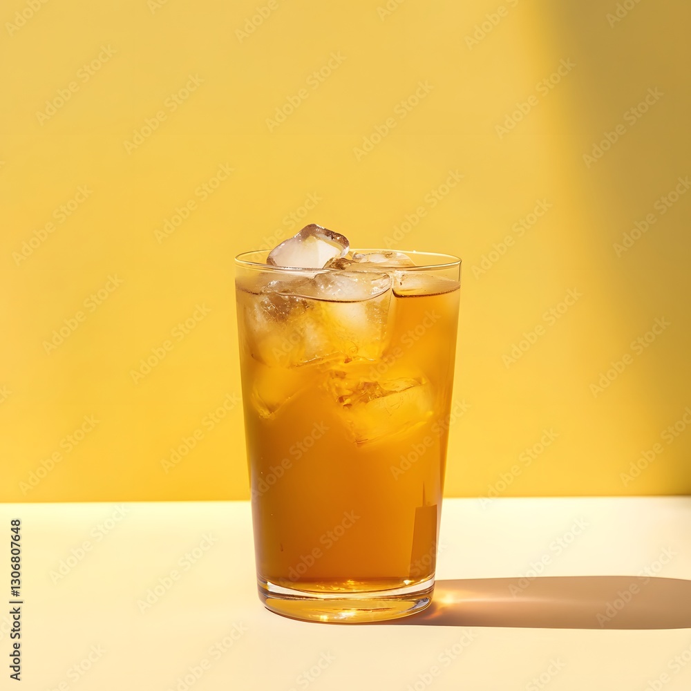 Refreshing Cold Drink with Ice Cubes Against a Bright Yellow Background Refreshing Cold Drink with Ice Cubes Against a Bright Yellow Background