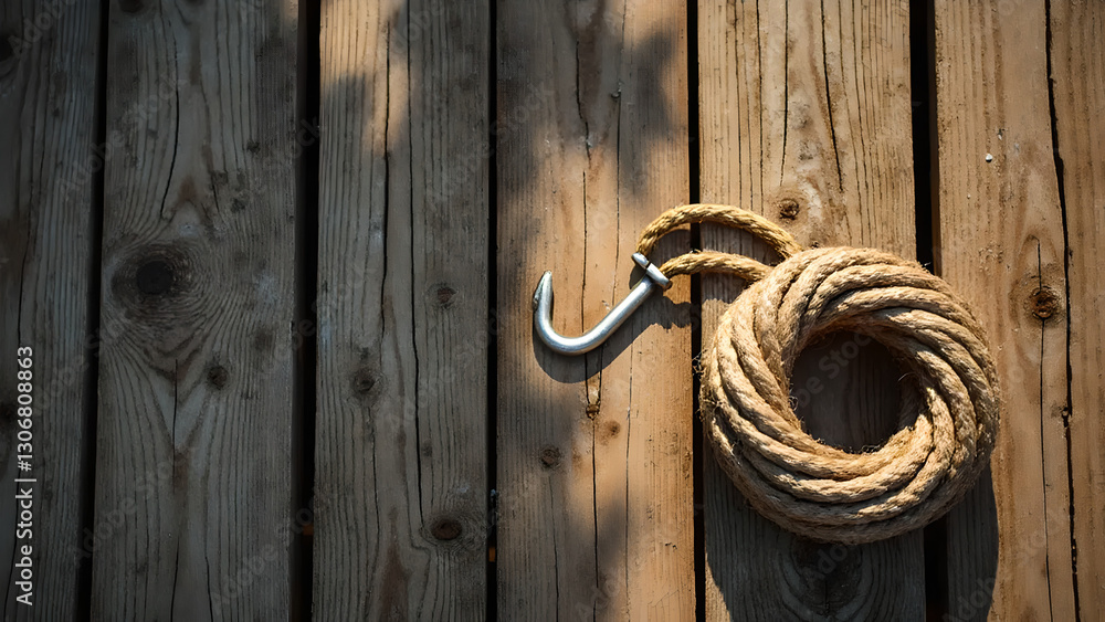 Loosely Coiled Rope and Antique Fishing Hook In style of Realistic Photograph For Vintage Background Rustic Wooden Pier with Warm Lighting Loosely Coiled Rope and Antique Fishing Hook In style of Realistic Photograph For Vintage Background Rustic Wooden Pier with Warm Lighting