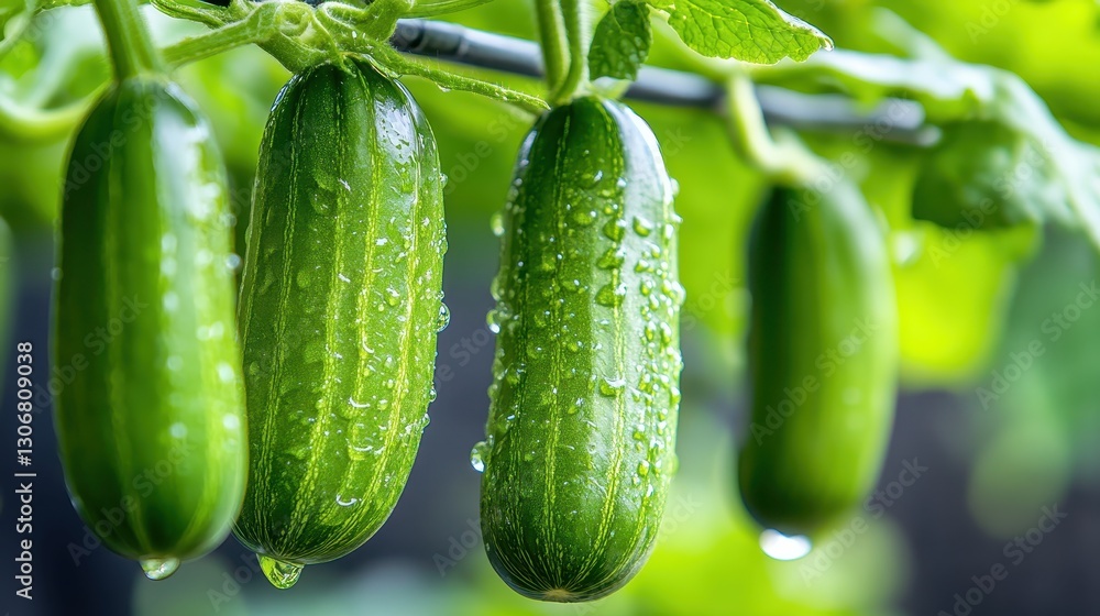 Macro shot of water droplets gently dripping from cucumber vines, dark green background enhancing contrast and depth. Macro shot of water droplets gently dripping from cucumber vines, dark green background enhancing contrast and depth.