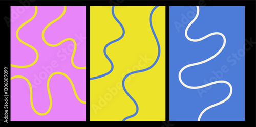 Abstract playful minimalistic background with wavy line. Set of posters with organic curvy curly stripe. Wave line art