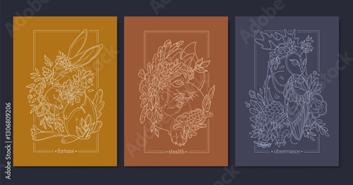 Line art illustrations of a rabbit, fox and owl surrounded by floral elements and representing different traits: fortune, stealth, and observance