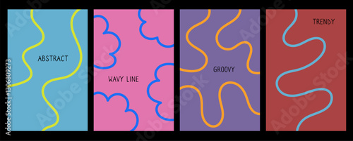 Abstract playful minimalistic vertical poster with wavy line. Background with organic curvy curly stripe. Wave line art