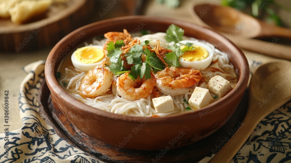Traditional malaysian laksa with prawns, tofu, and boiled egg in a rustic setting Traditional malaysian laksa with prawns, tofu, and boiled egg in a rustic setting