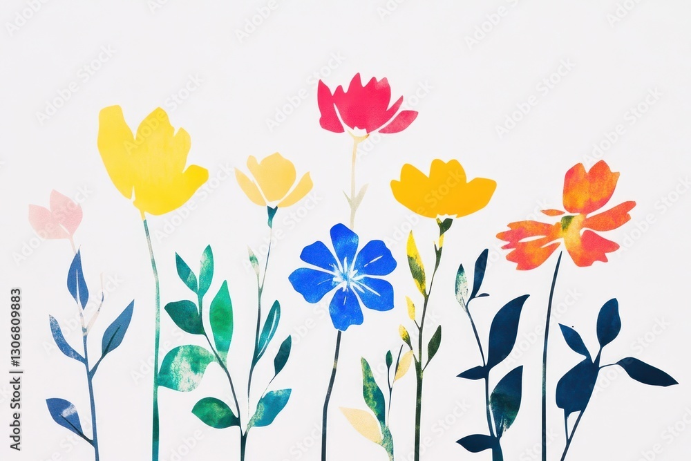 Fototapeta premium Colorful flowers with leaves illustration art asteraceae.
