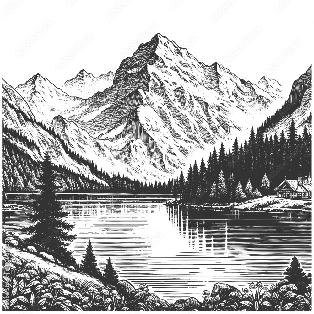 alpine lake surrounded by towering mountains, a quaint village, and a small boat on the water sketch engraving generative ai vector illustration. Scratch board imitation. Black and white image. alpine lake surrounded by towering mountains, a quaint village, and a small boat on the water sketch engraving generative ai vector illustration. Scratch board imitation. Black and white image.