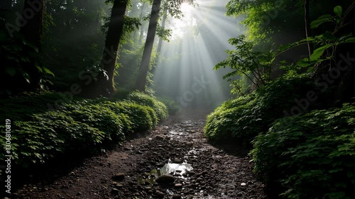 Beautiful magical sunrise in the forest. The sun's rays break through the trees in the fog. 4K Footage