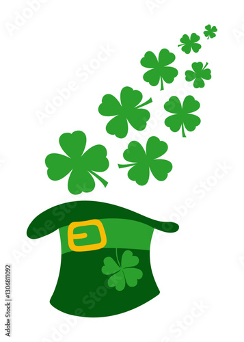 Día de San Patricio. Logo con silueta de sombrero de leprechaun con grupo de tréboles de 4 hojas para felicitaciones y tarjetas