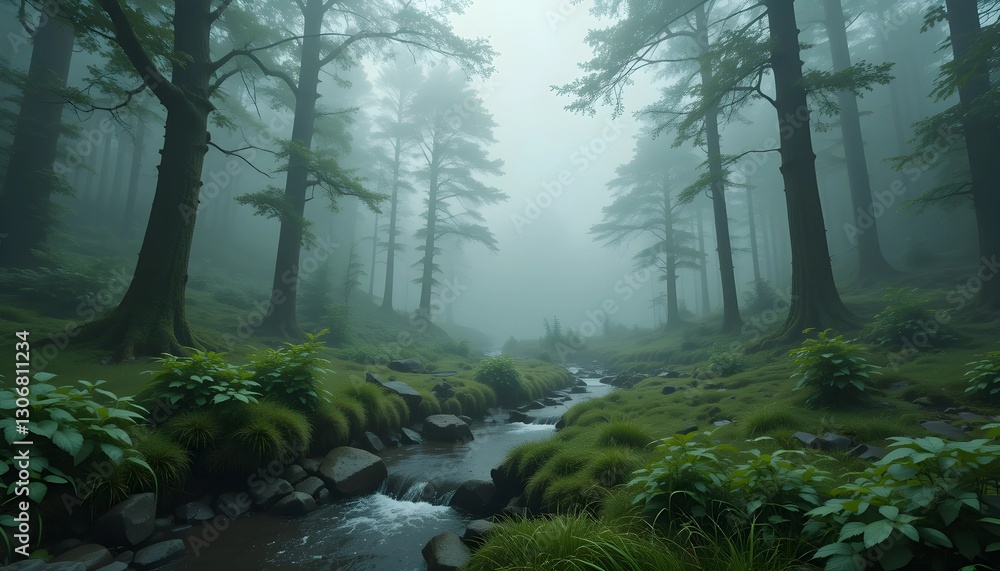 Obraz premium Serene Nature-Inspired Misty Forest with Flowing Stream