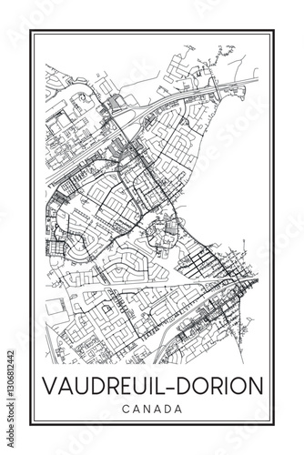 Printable downtown road map poster of the Canadian city of VAUDREUIL-DORION on solid white background with city name