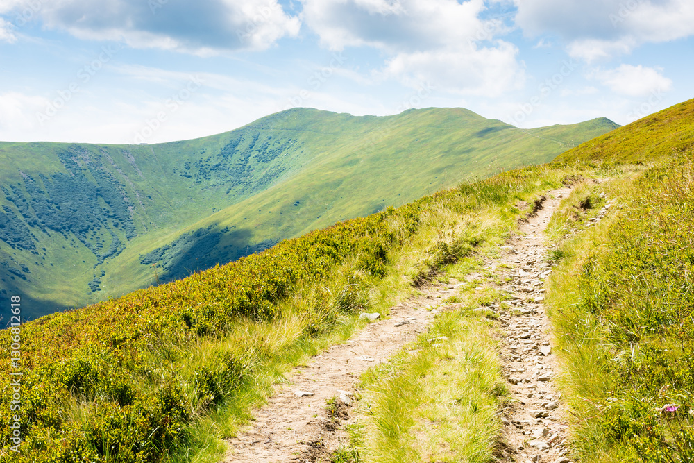 mountain landscape with path uphill. picturesque journey. beautiful nature scenery with steep grassy slopes in summer. trail to the mountain top. sunny day with clouds on the sky. highland of ukraine